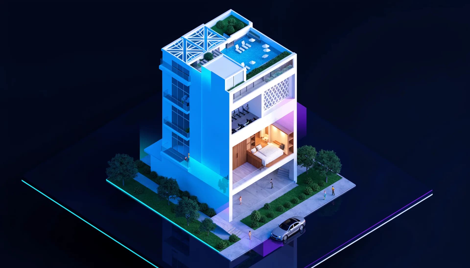 An isometric luxury property development presented as an interactive spatial sales experience
